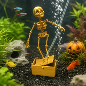 Gold Skeleton Aquarium Decoration With Movable Joints, 3D Printed Fish Tank Ornament With Swinging Base For Spooky Underwater Decor