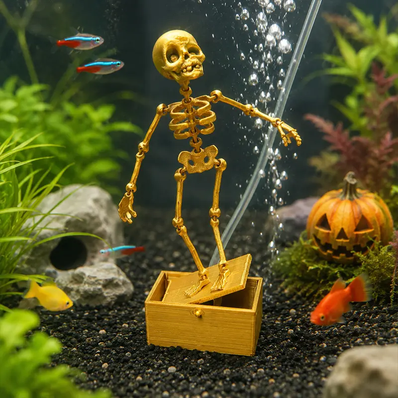 Gold Skeleton Aquarium Decoration With Movable Joints, 3D Printed Fish Tank Ornament With Swinging Base For Spooky Underwater Decor