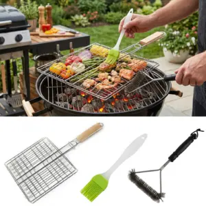 3-Piece Set: Foldable Stainless Steel Handheld Grill, Grill Cleaning Brush, And Silicone Brush Party Accessory Set