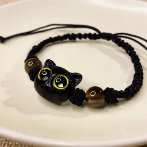 Black Cat Hand-Woven Couple Bracelet, Versatile Adjustable Size Bracelet, Gift For Girlfriend, Blue Pupil Cat