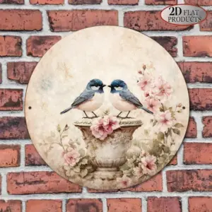 Vintage Bird & Flower Round Sign 8x8in Chinese Style Yard Decor