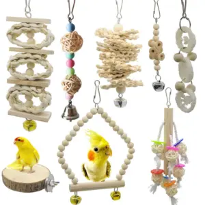 8 Packs Of Bird Parrot Swing Chewing Toys-Natural Wood Bird Climbing Hanging Cage Toys Suitable For Small Parakeets, Cockatiels, Conures, Finches,Budgie,Macaws, Parrots, Love Birds