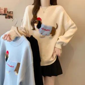 Crew-neck Cute Dog-embroidered Pullover Sweater