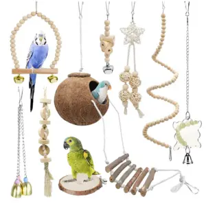 9-Piece Parakeet Toys & Budgie Toys, Bird Cage Accessories Set Natural Wood Bird Toys Include Coconut Hideaway, Swing, Ladder, Perch, Mirror And Hanging Toys For Budgies & Cockatiels