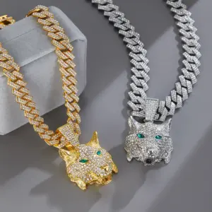 3D Animal Cat Pendant Zinc Alloy Full Diamond Enamel Hip-Hop Style Cuban Chain Necklace Lion Necklace