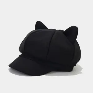 Winter And Autumn Woolen Cute Cat Ears Octagonal Beret Hat, Trendy And Vintage Fashion, Pure Color Painter Hat, British Style Casual Baseball Cap